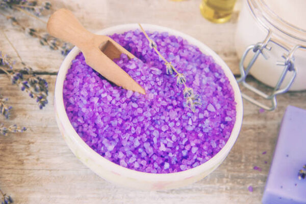 Sea salt with lavender extract. selective focus. spa.