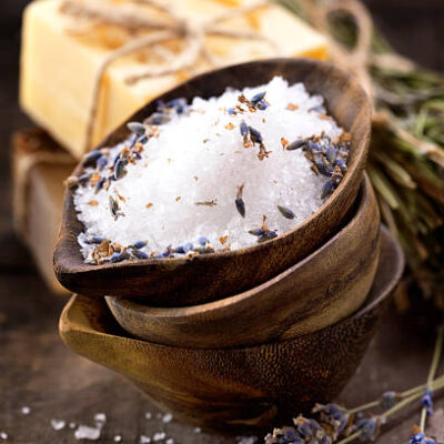 Spa salt, lavender and soaps (spa and body care background)