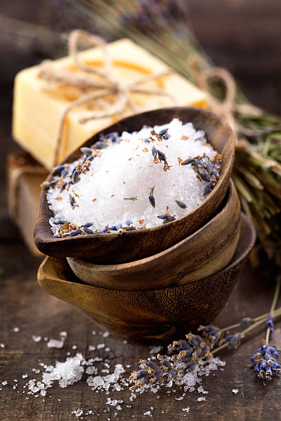 Spa salt, lavender and soaps (spa and body care background)