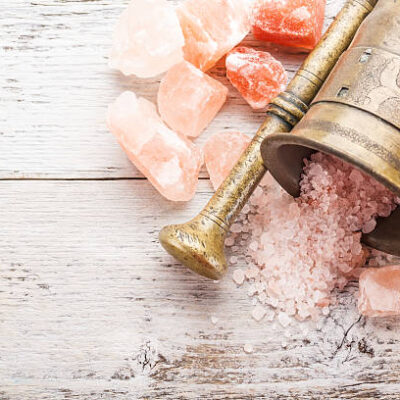 Antique mortar with pink salt