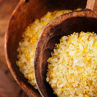 Citron lemon salt in rustic wooden spoons