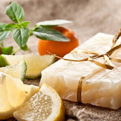 Piece of handmade lemon soap.